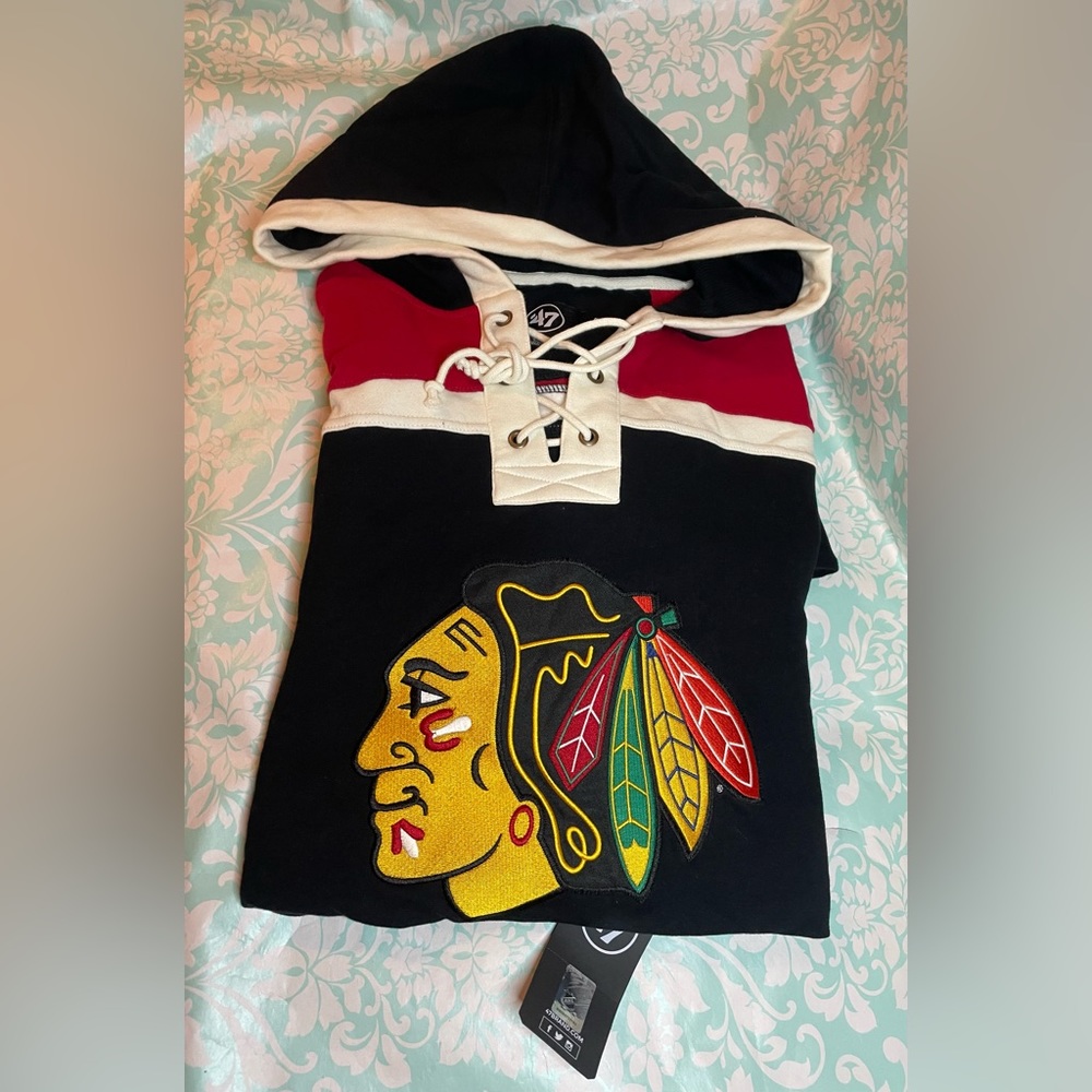 MENS CHICAGO BLACKHAWKS SUPERIOR '47 BRAND LACER HOOD SZ LARGE